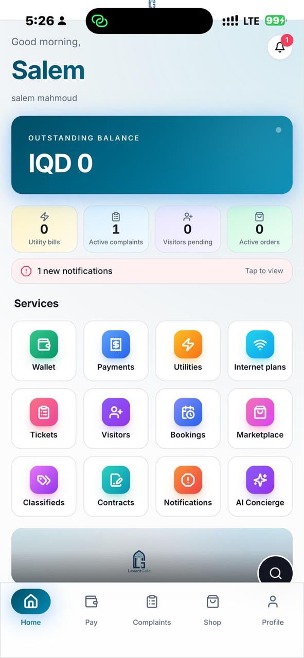 SRP resident app — Services grid: Wallet, Payments, Utilities, Bookings, Marketplace