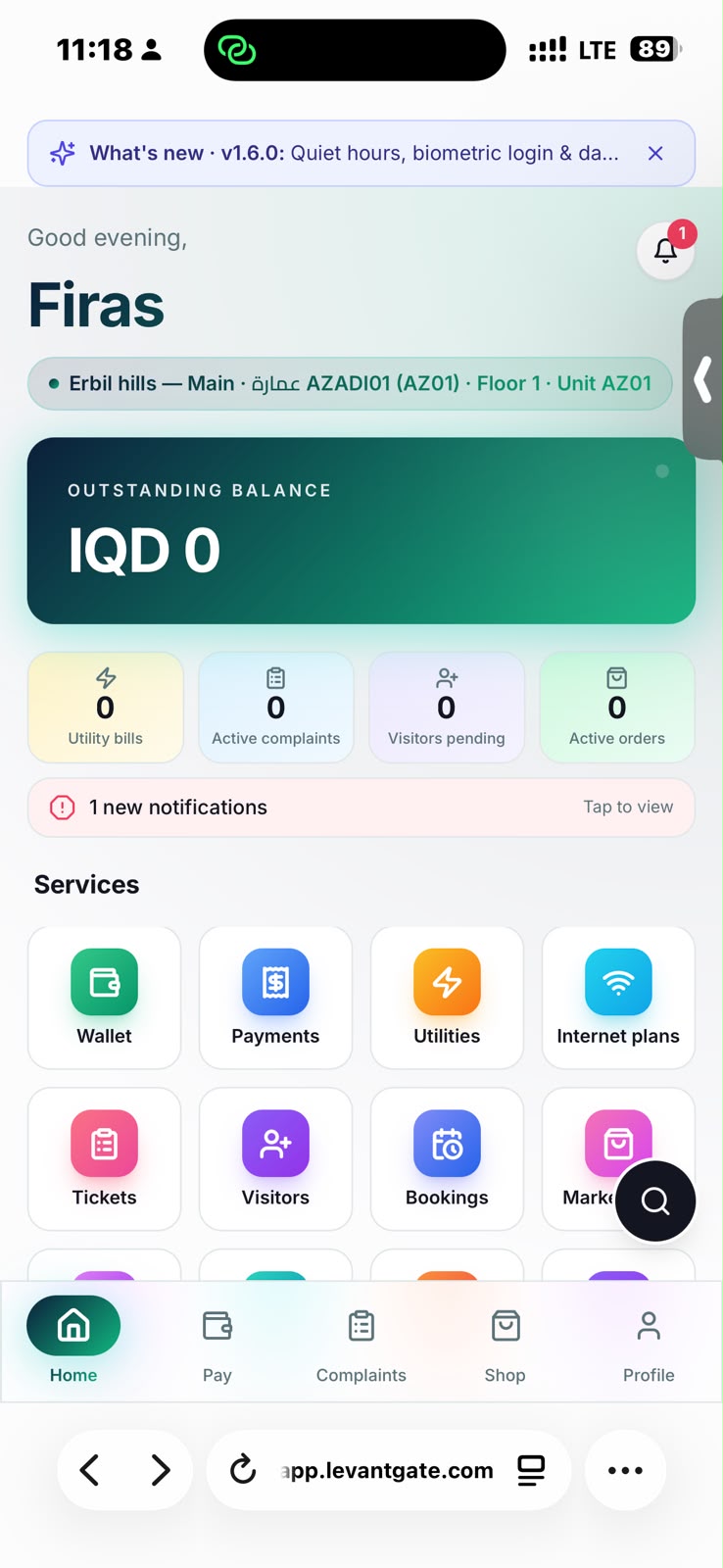 SRP resident app — Home with outstanding balance and quick stats
