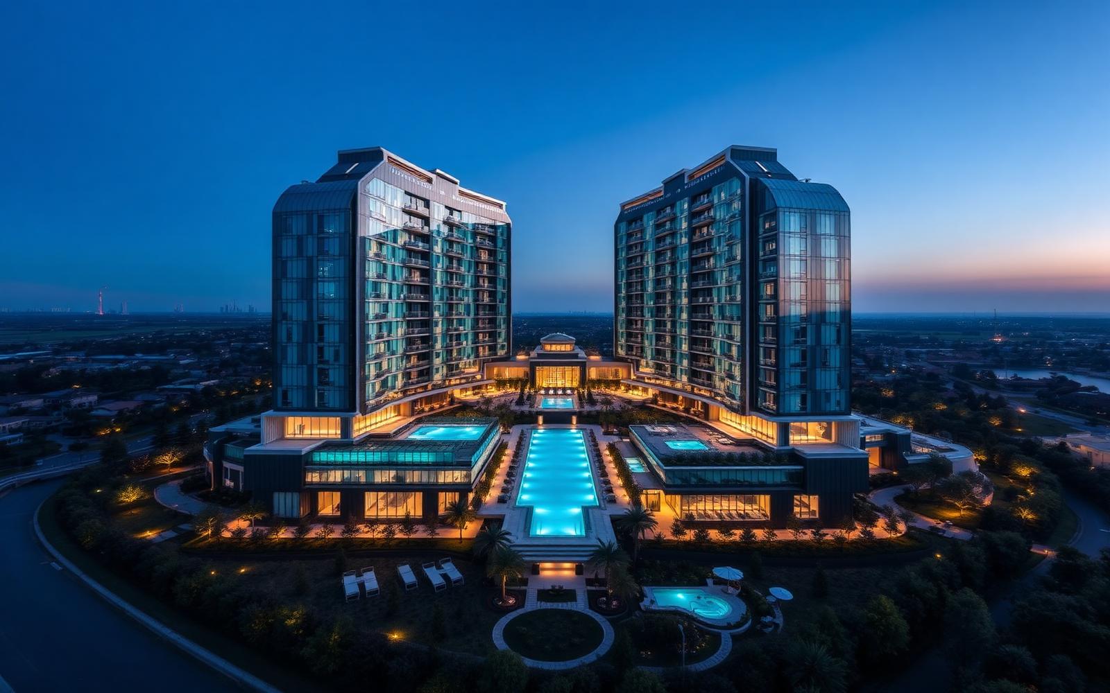 Aerial view of a modern residential compound at blue hour