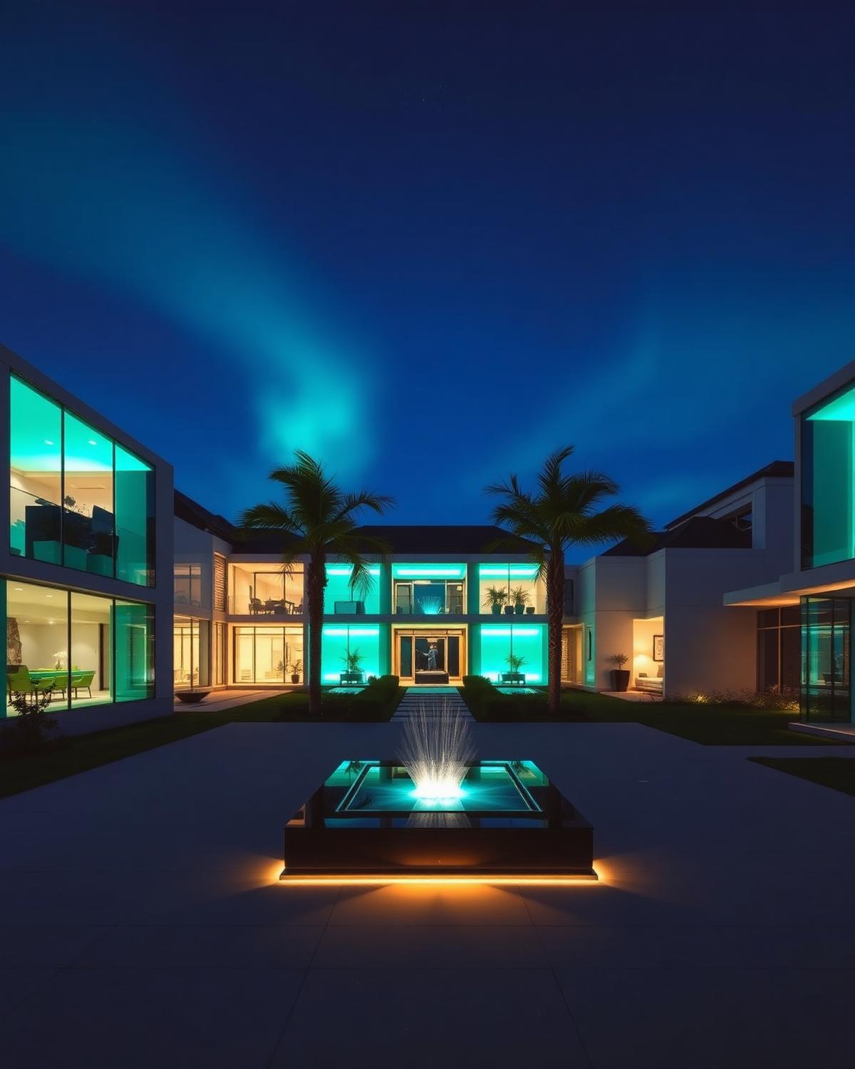 Modern villa courtyard with crystalline lighting
