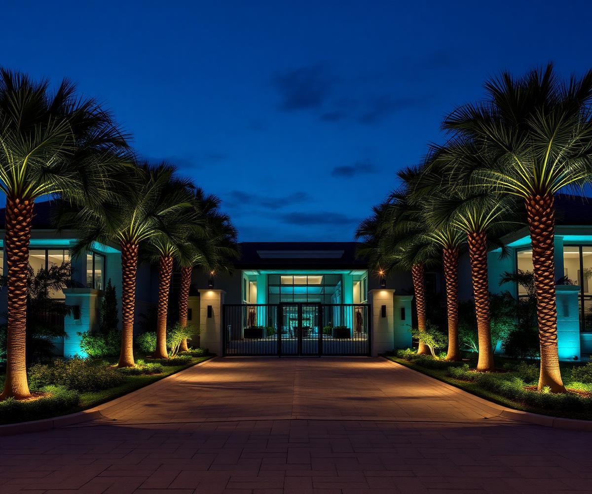 Modern gated community entrance at twilight